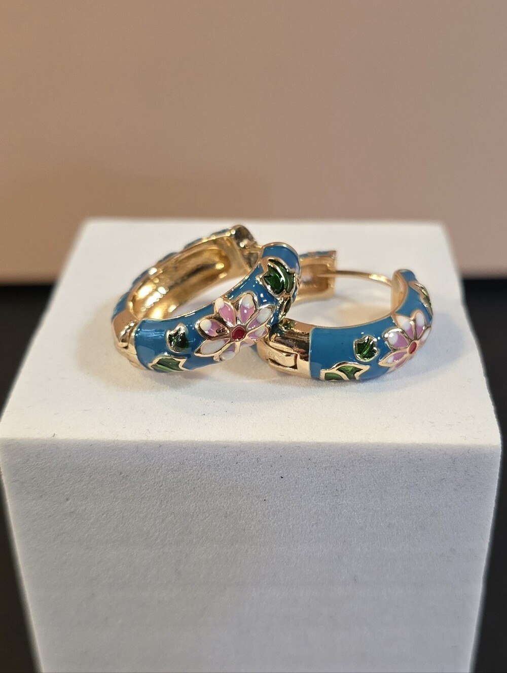Floral Cloisonne Hoop Earrings - Picture 4 of 4